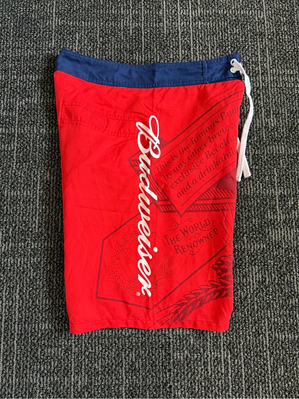 Budweiser Red Swim Trunks with Navy Waistband and White Drawstring Small